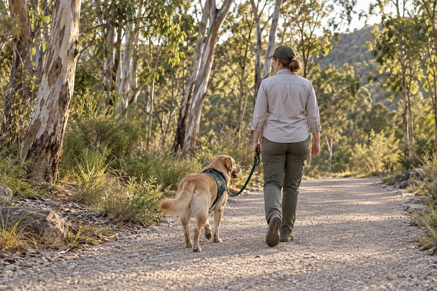 Illustrative dog and handler on a quiet path among eucalyptus trees