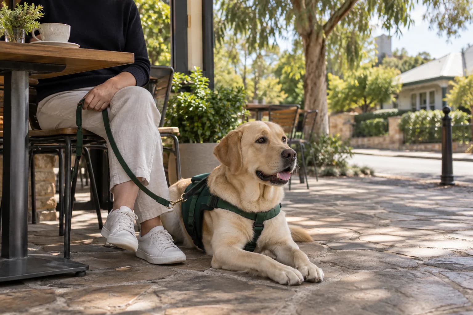 Illustrative dog practising a calm settle at an outdoor café