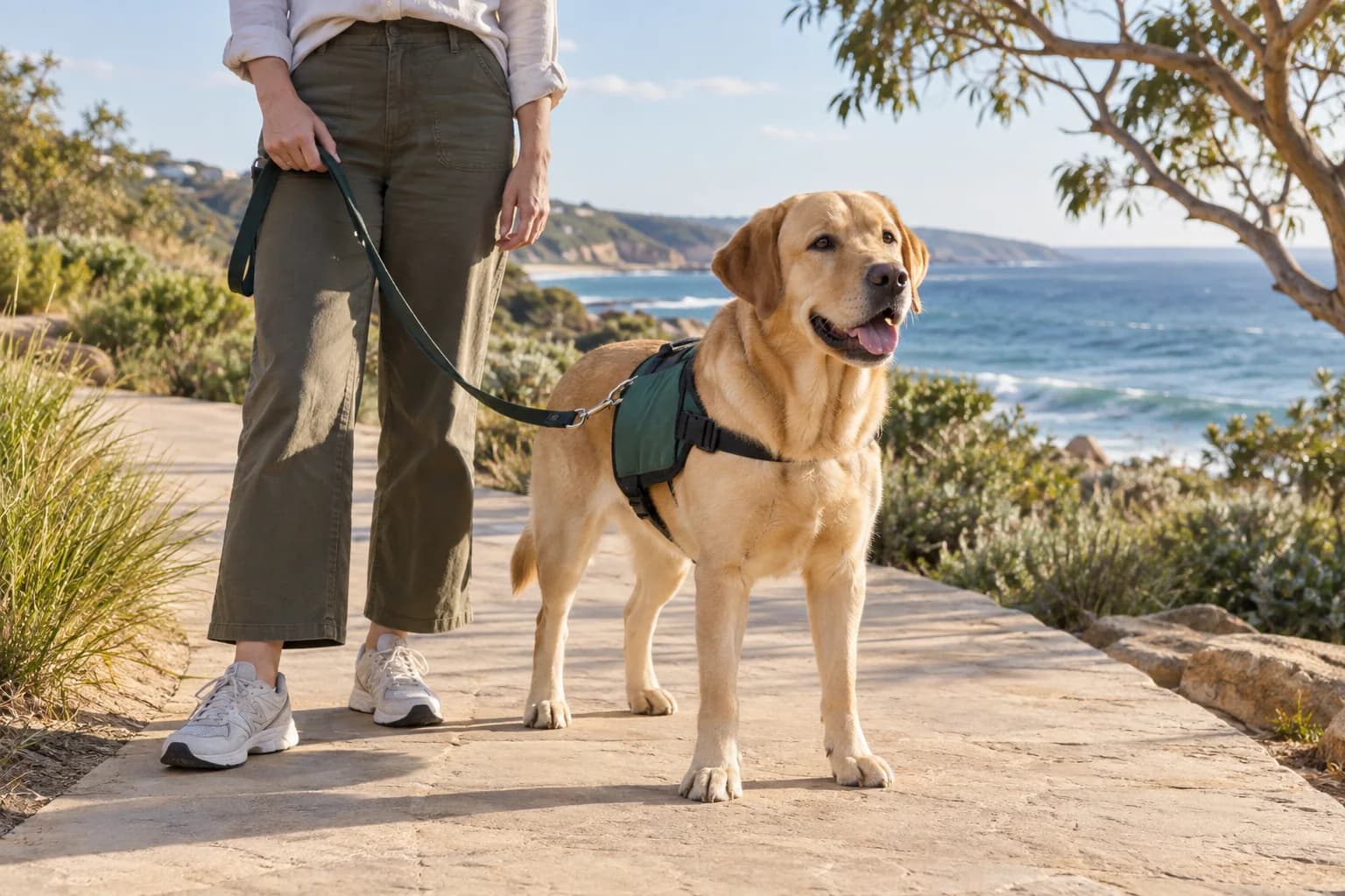 Illustrative dog and handler walking along an Australian coastal path